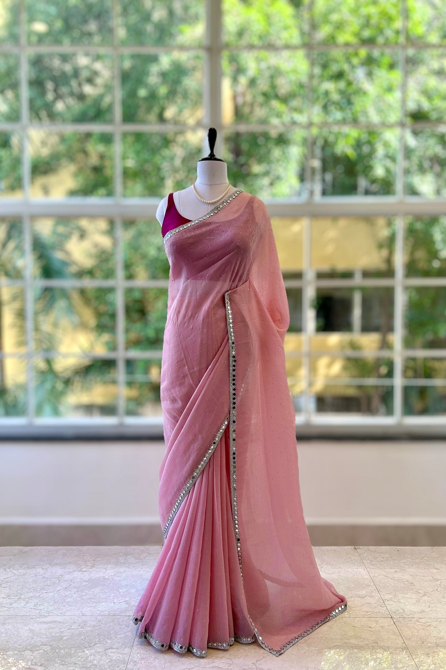 Pink mirror work chiffon saree