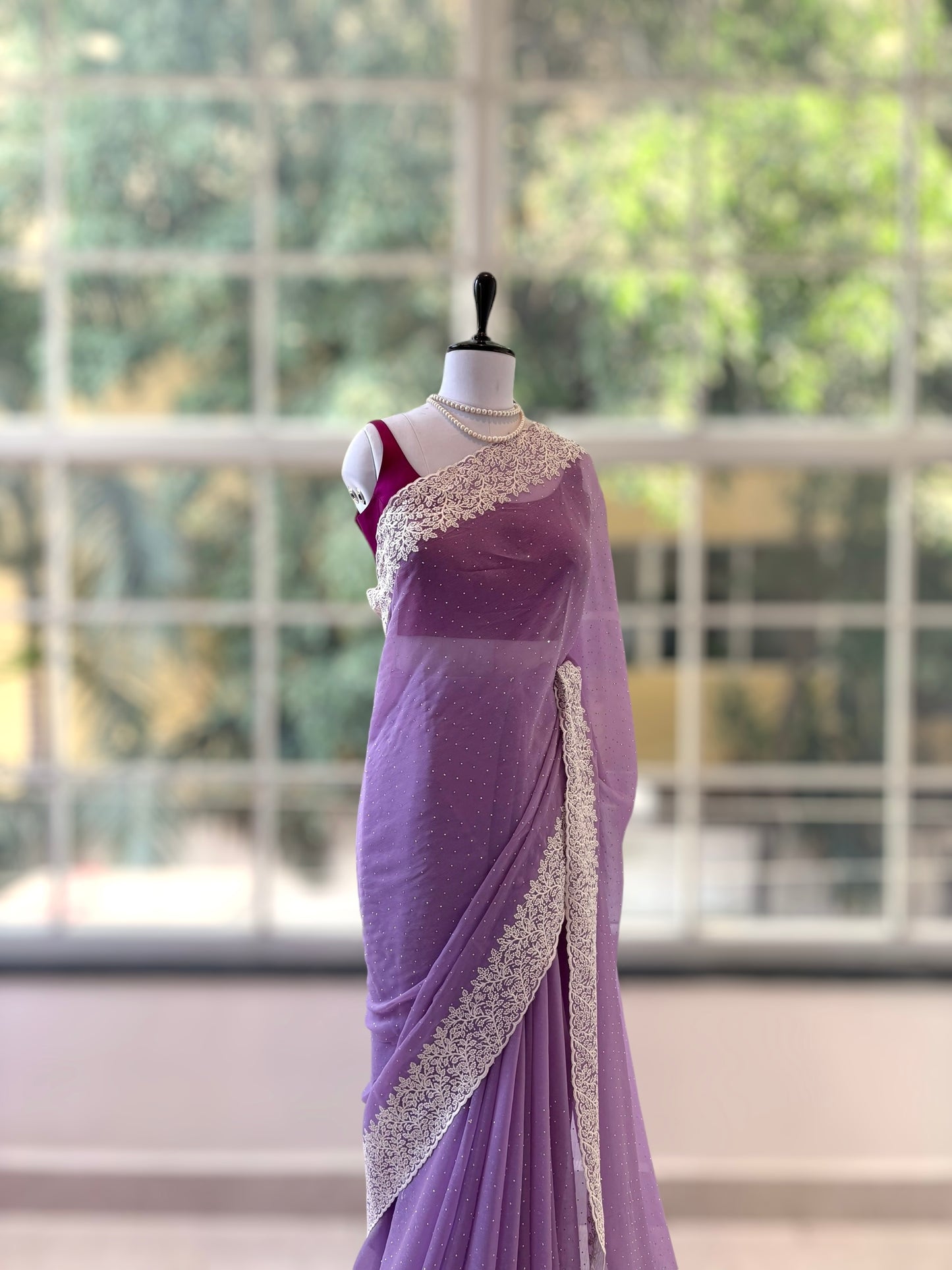 Chiffon threadwork saree - Lilac