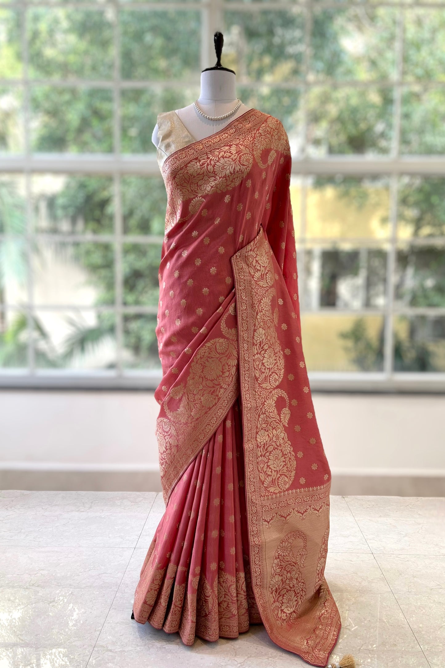 Peach pure dola silk saree