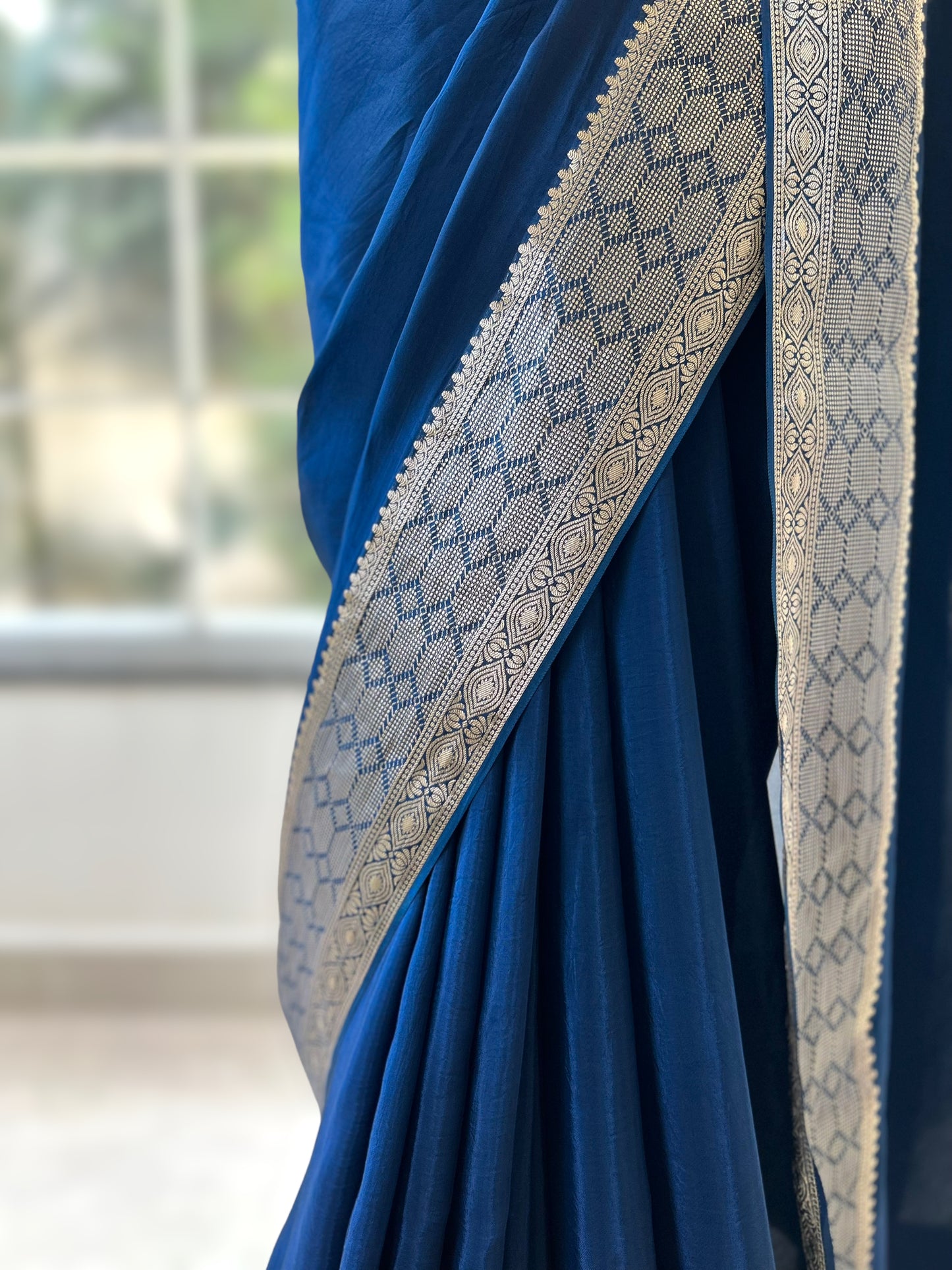 Celestial satin organza saree - Navy Blue