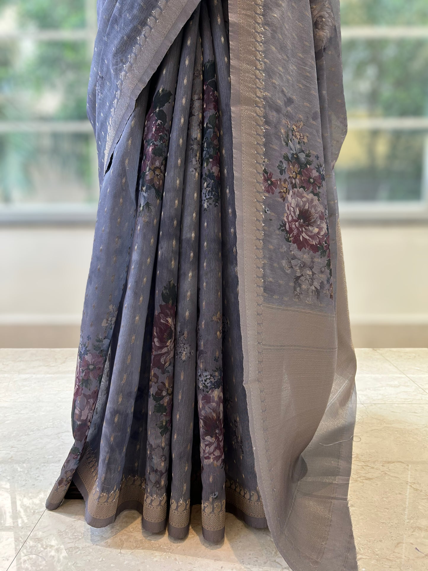 Grey organza zariwork saree