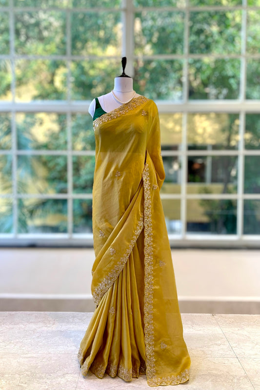 Satin chiffon aari work saree - Yellow