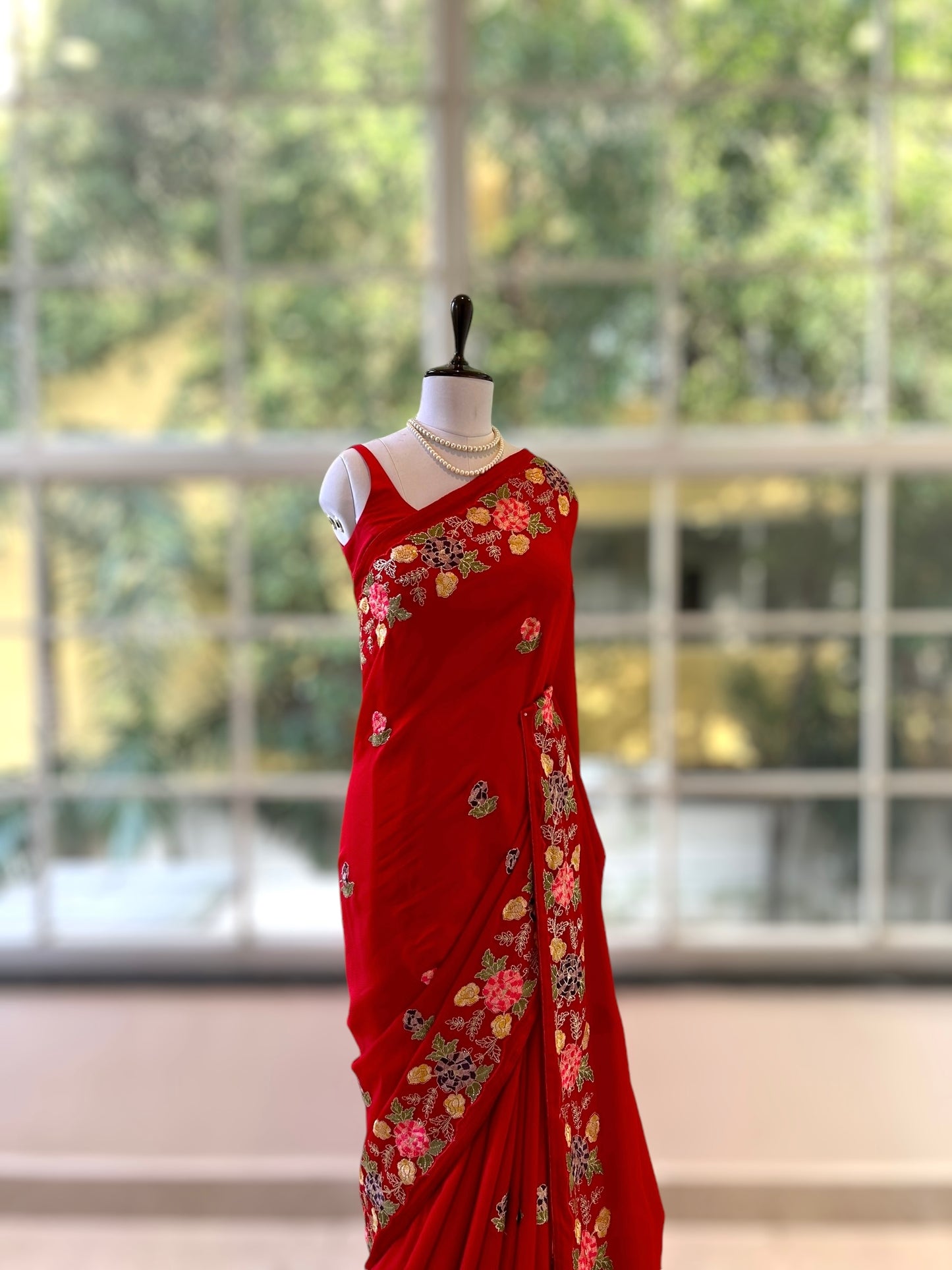 Red pure chiffon floral saree