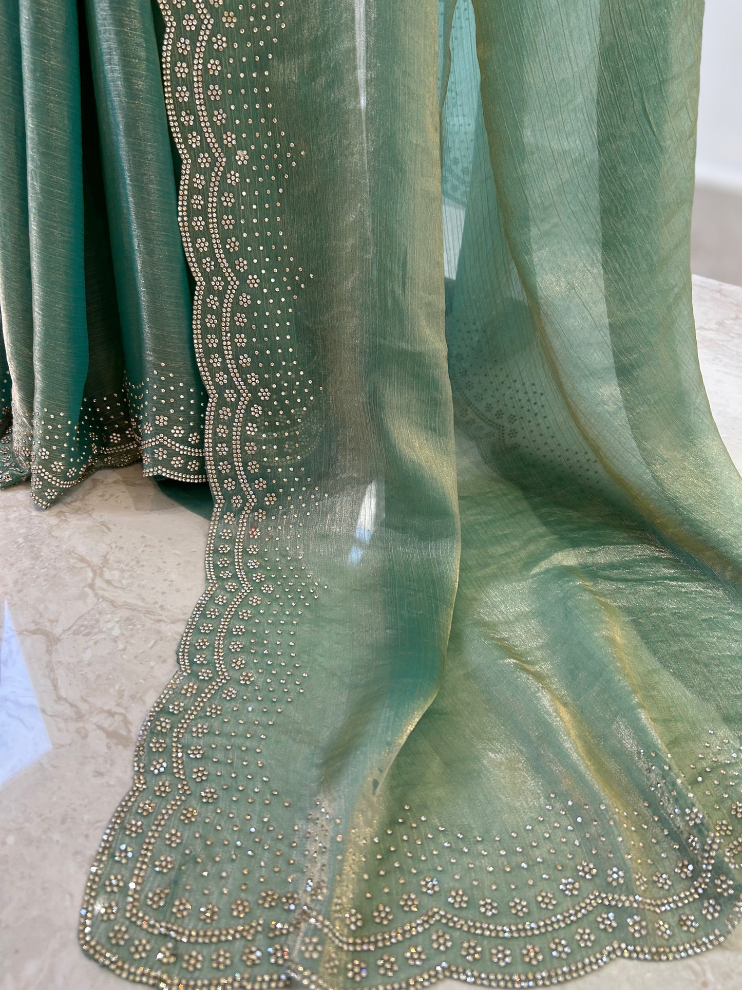 Emerald green shimmer chiffon saree