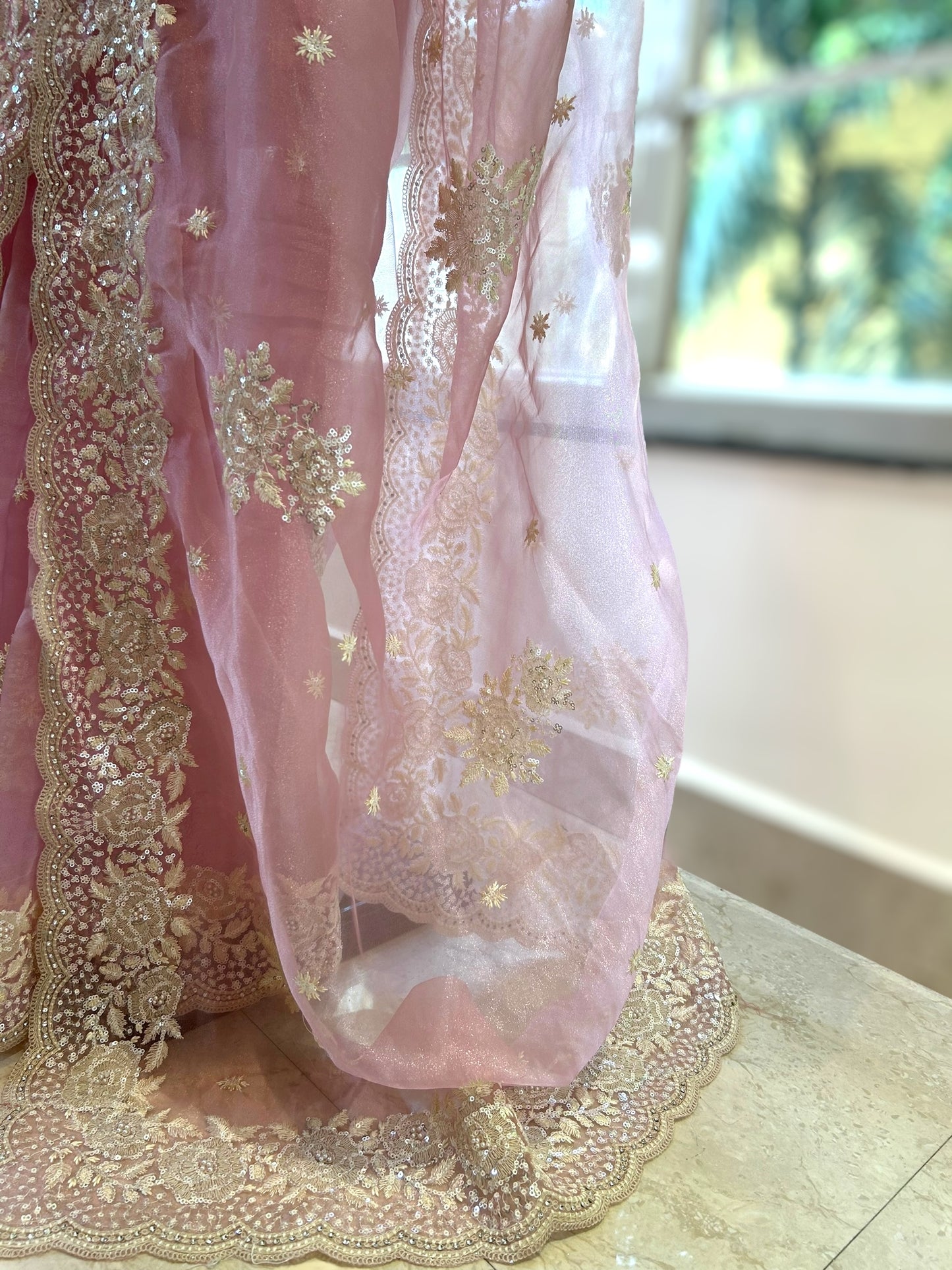 Baby pink pearls organza saree