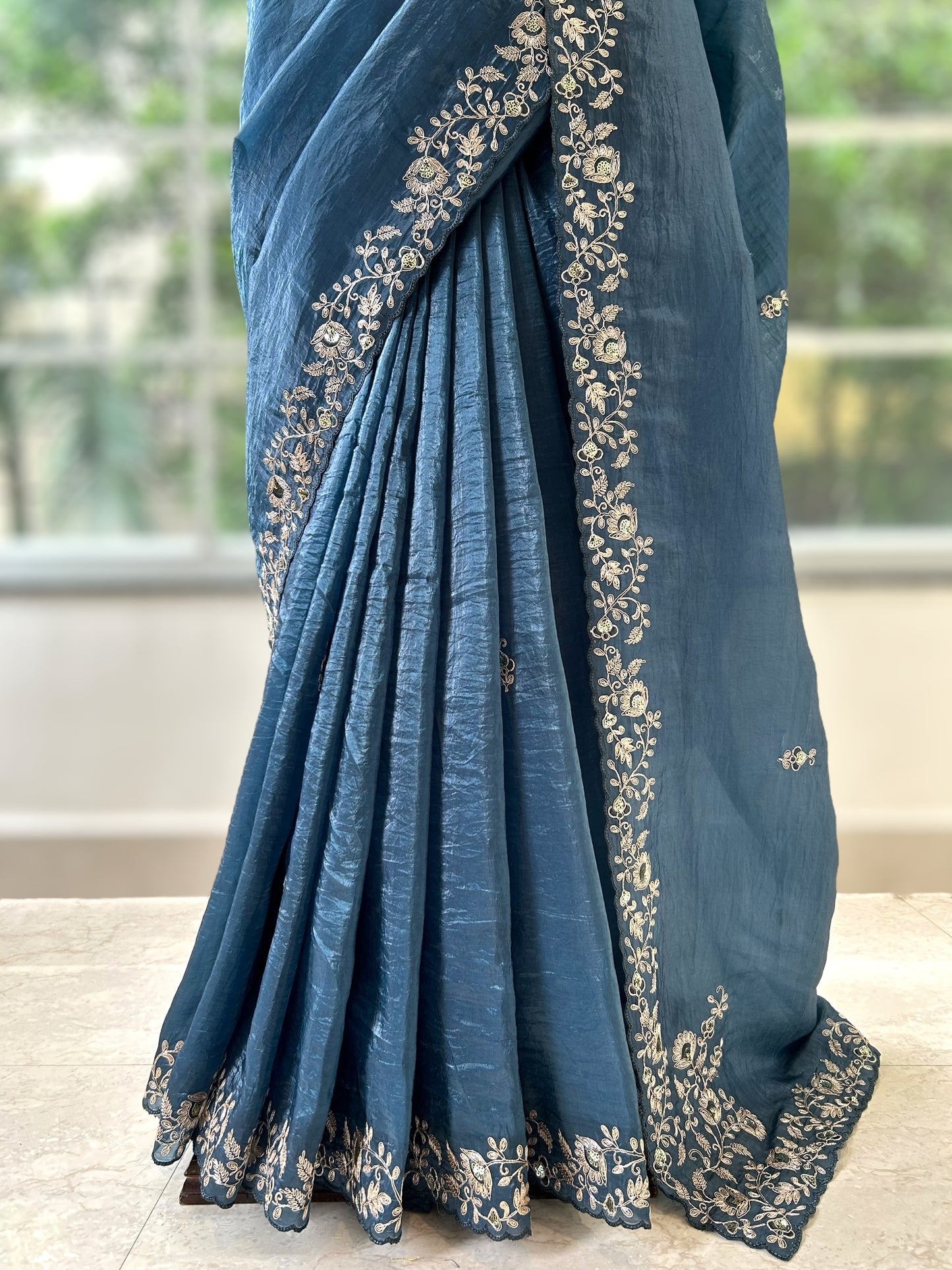 Aariwork crushed organza saree - Blue