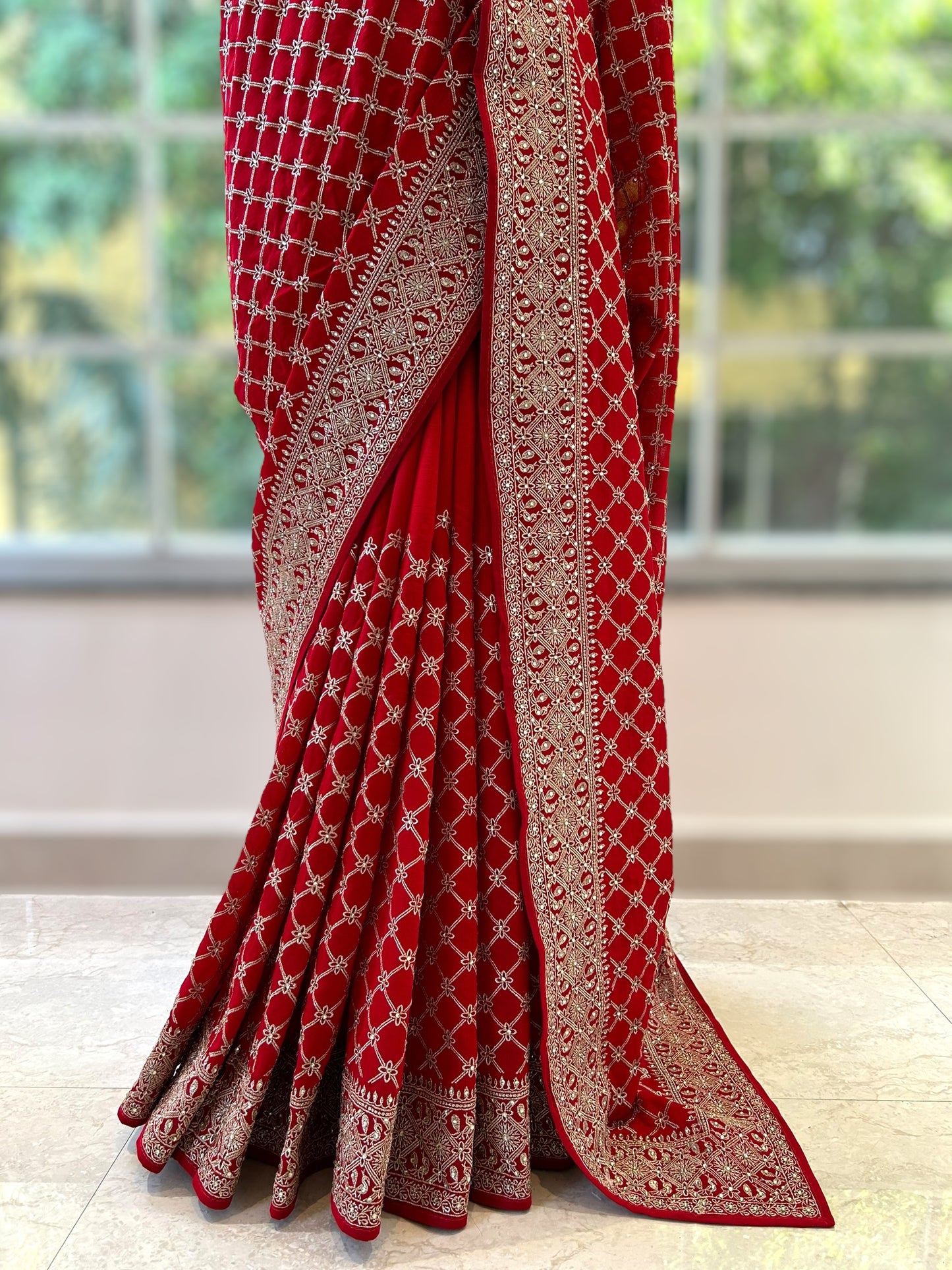 Red organza embroidered saree