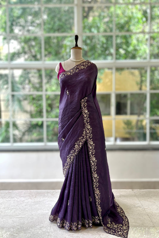 Aariwork crushed organza saree - Purple