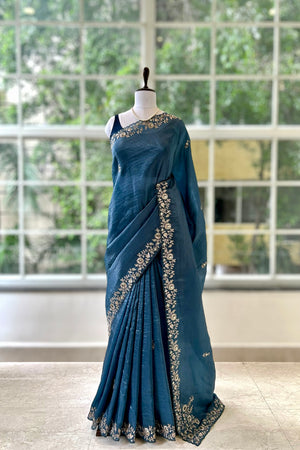 Aariwork crushed organza saree - Blue