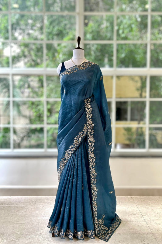 Aariwork crushed organza saree - Blue