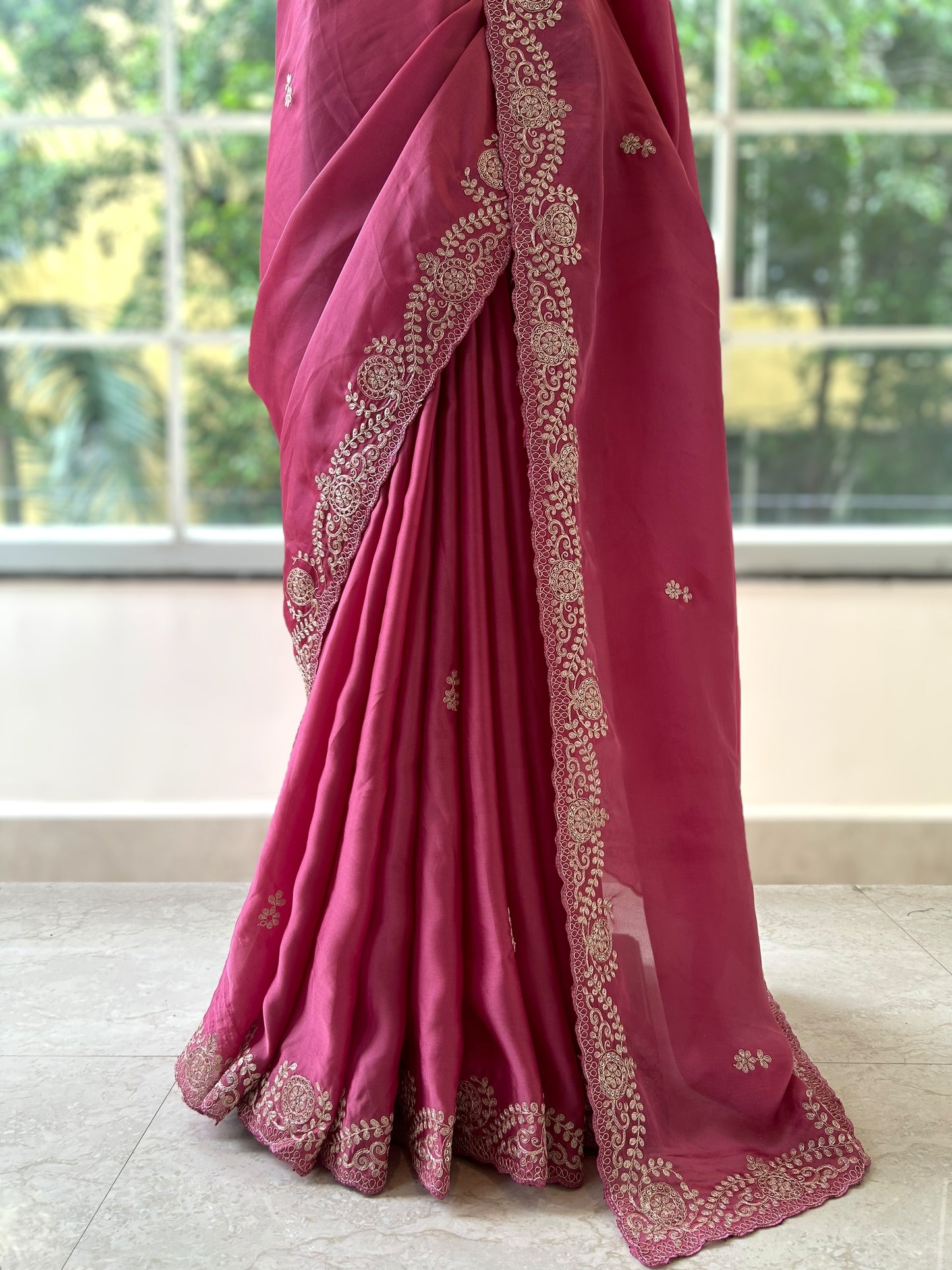 Satin chiffon aari work saree - Pink