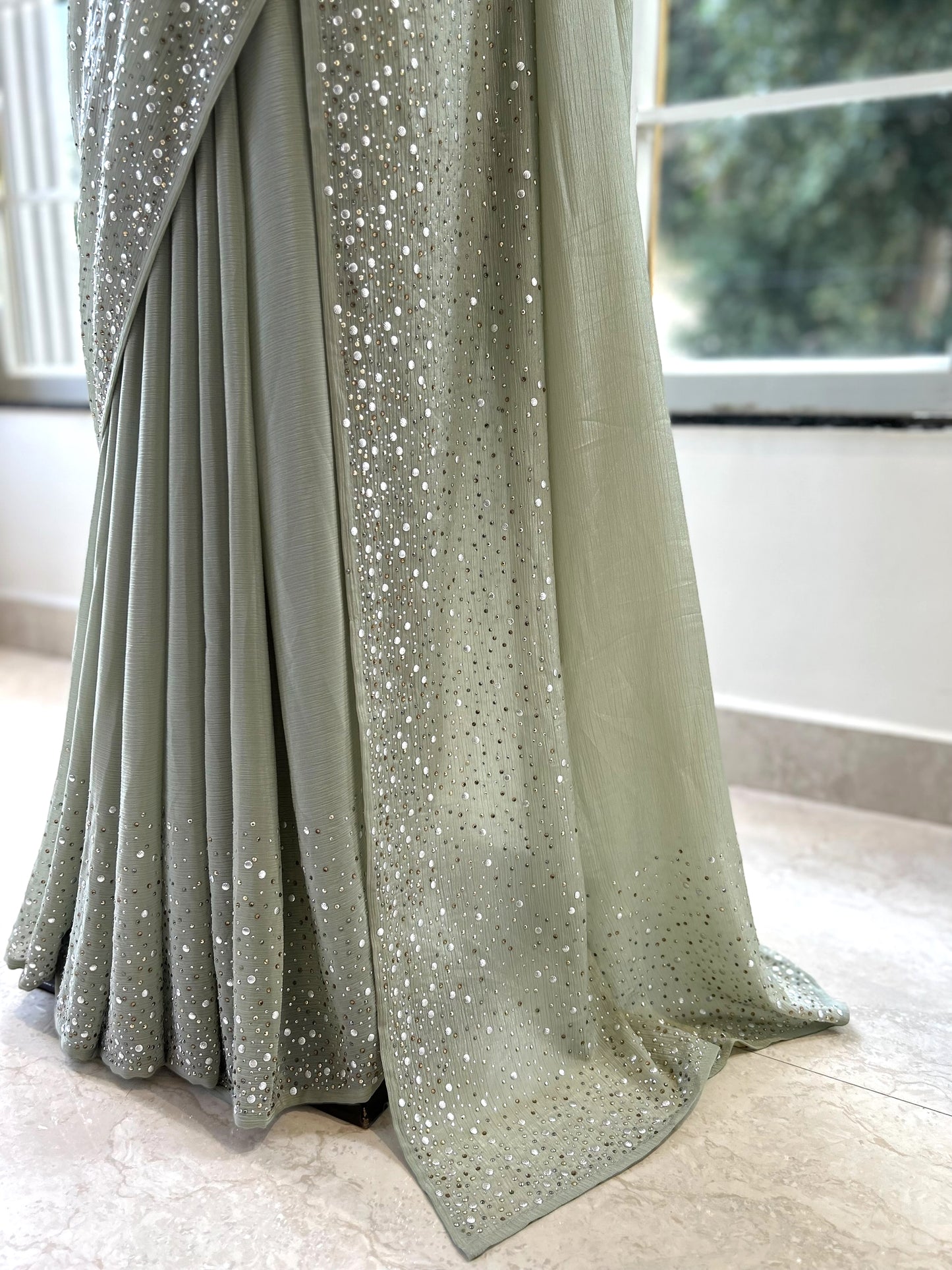 Starry sequins chiffon saree - Green