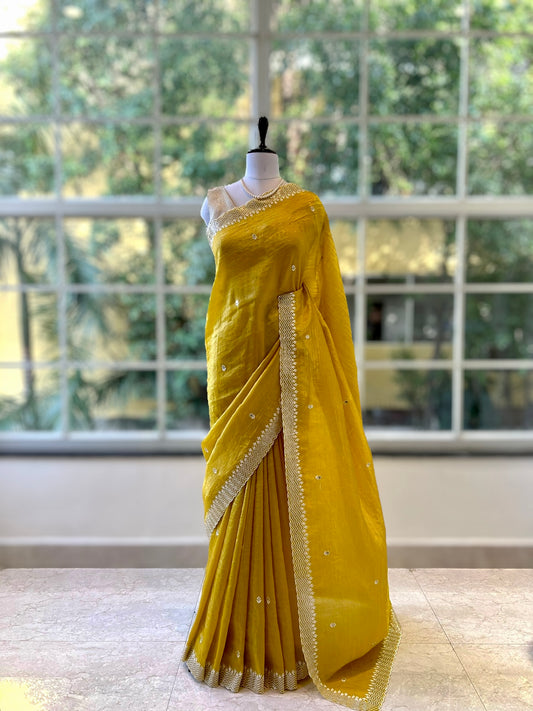 Threadwork organza saree - Yellow