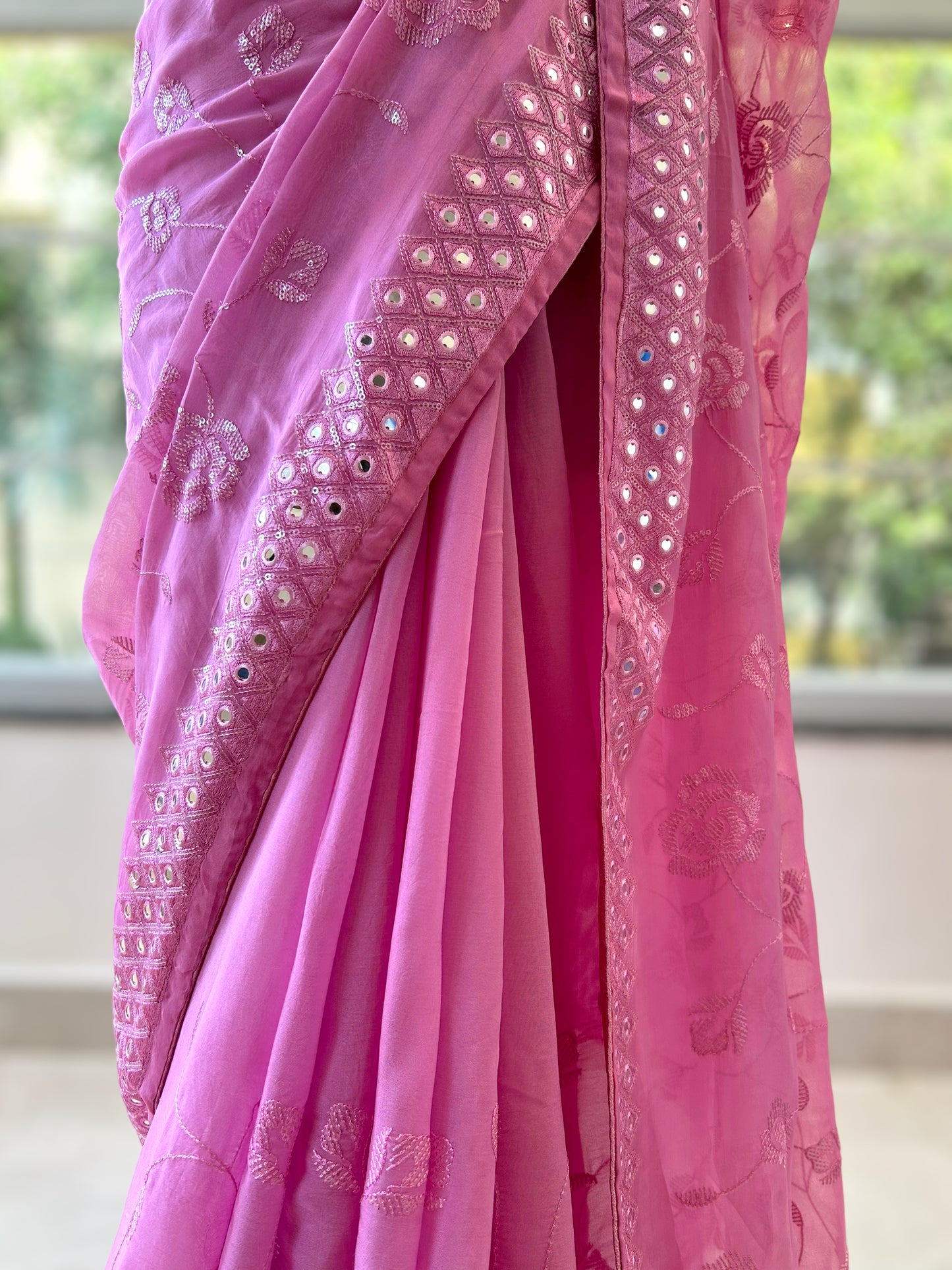 Organza mirror work saree - Pink