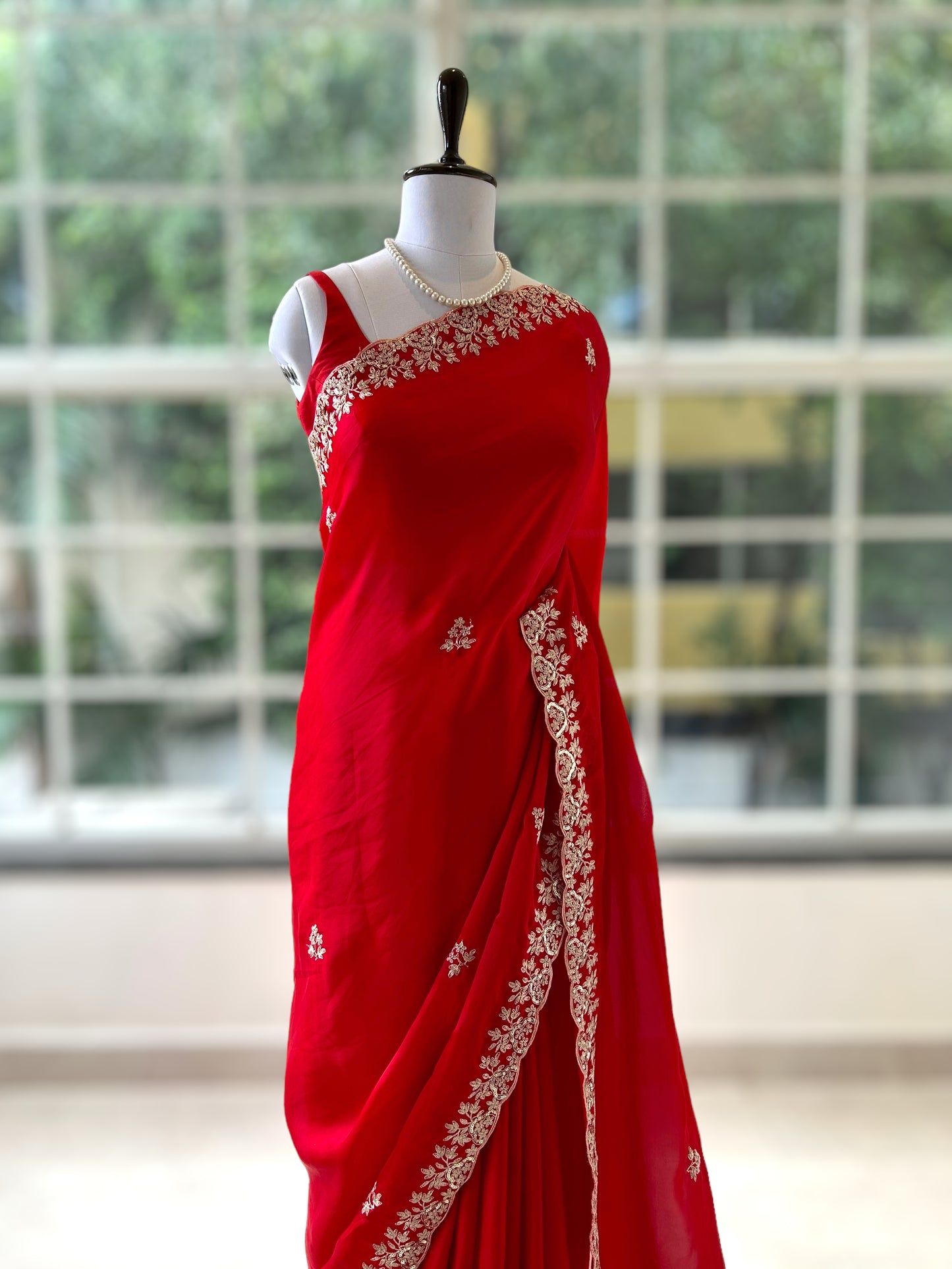 Satin chiffon aari work saree - Red