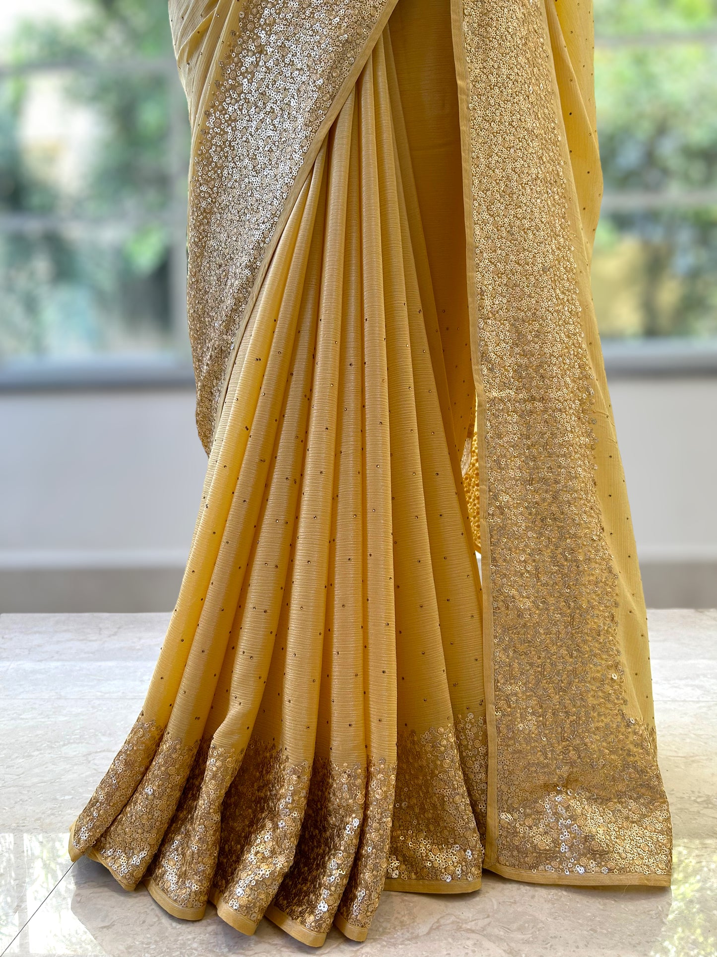 Chiffon sequins saree - Yellow