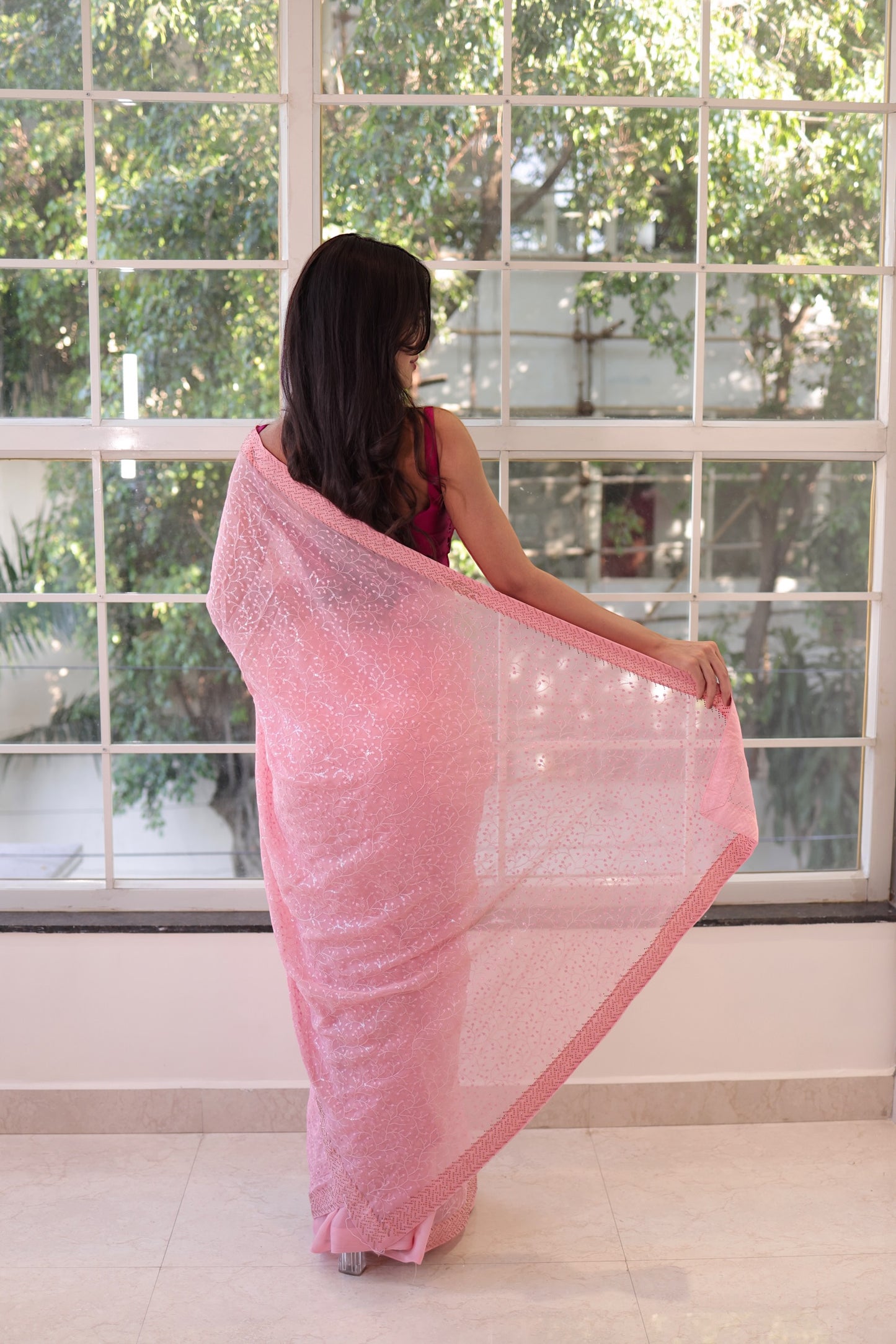 Pink georgette sequins embroidered saree