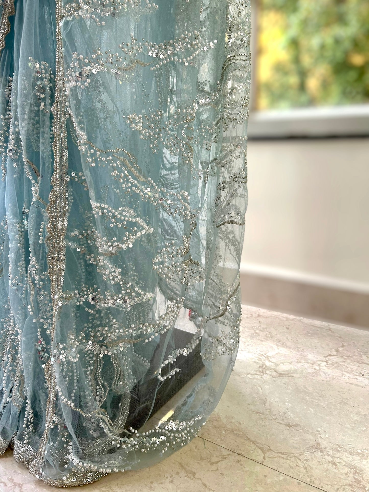 Sequins pearl saree - Sky Blue