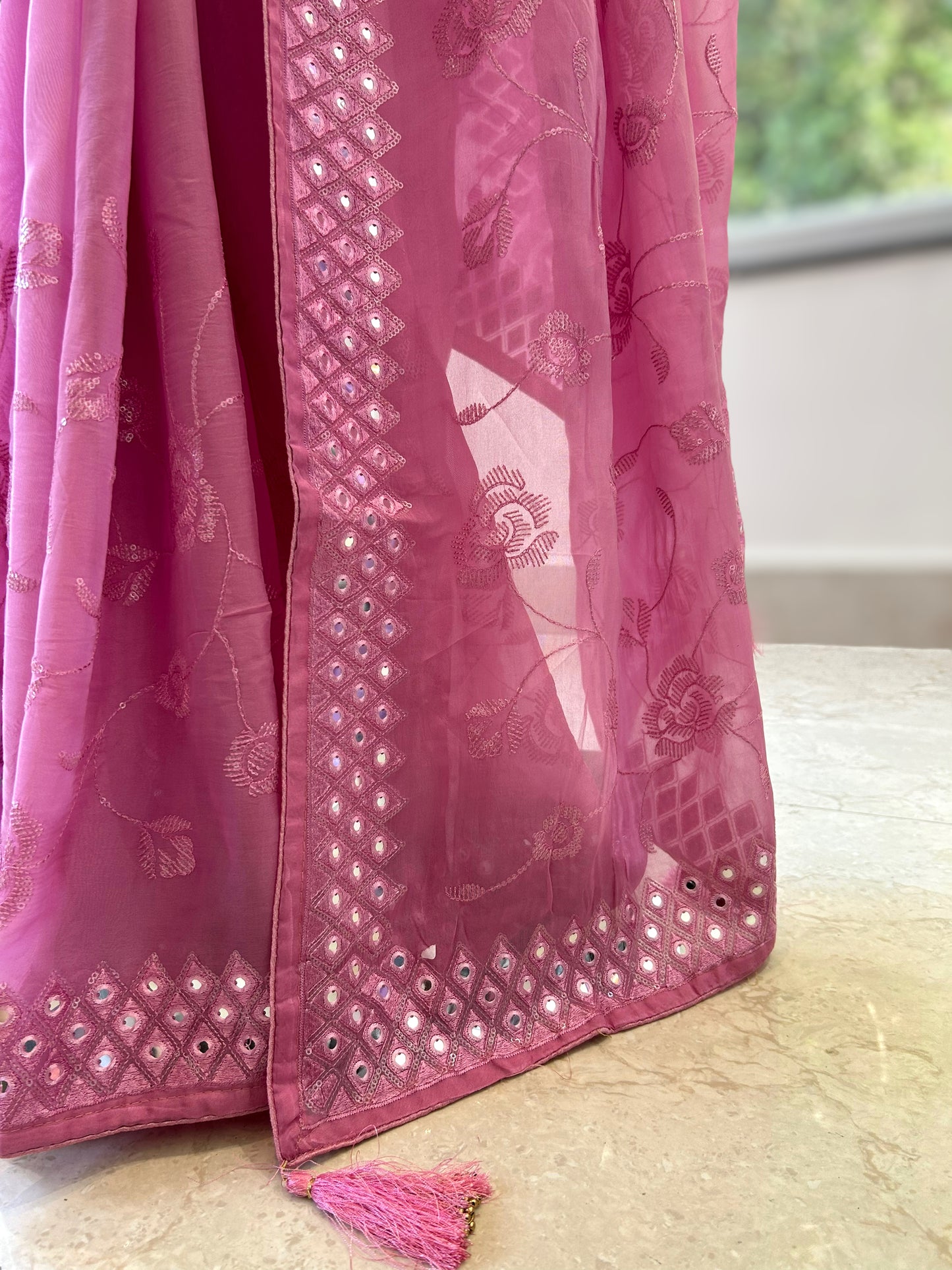 Organza mirror work saree - Pink