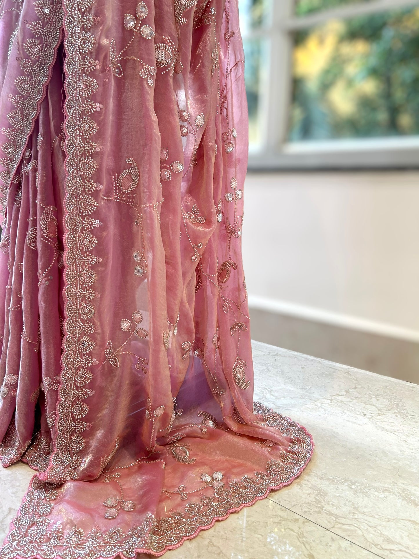 Pure shimmer organza embellished saree - Pink