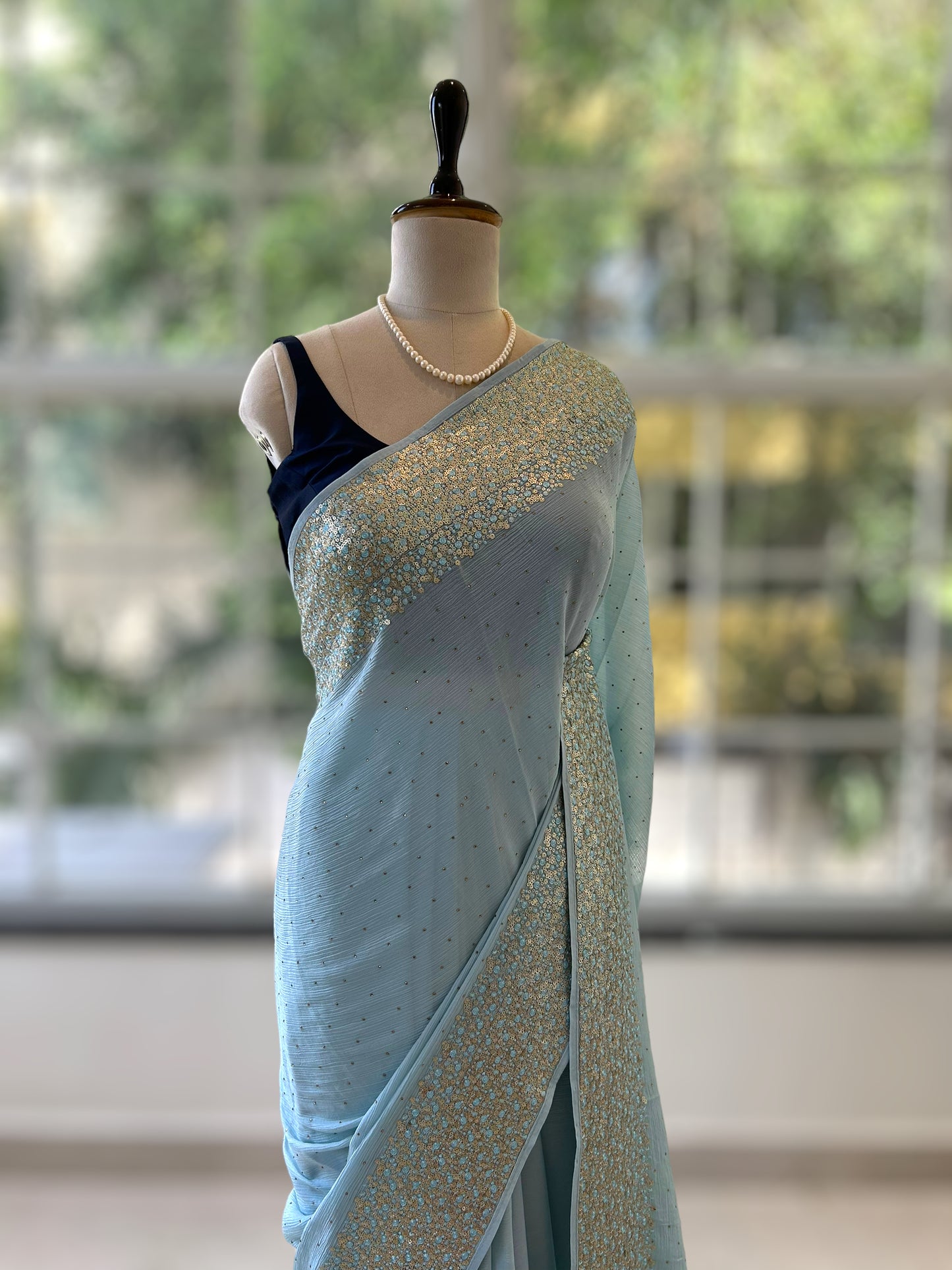 Chiffon sequins saree - Sky blue