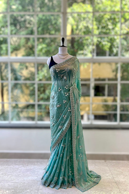 Pure shimmer organza embellished saree - Green