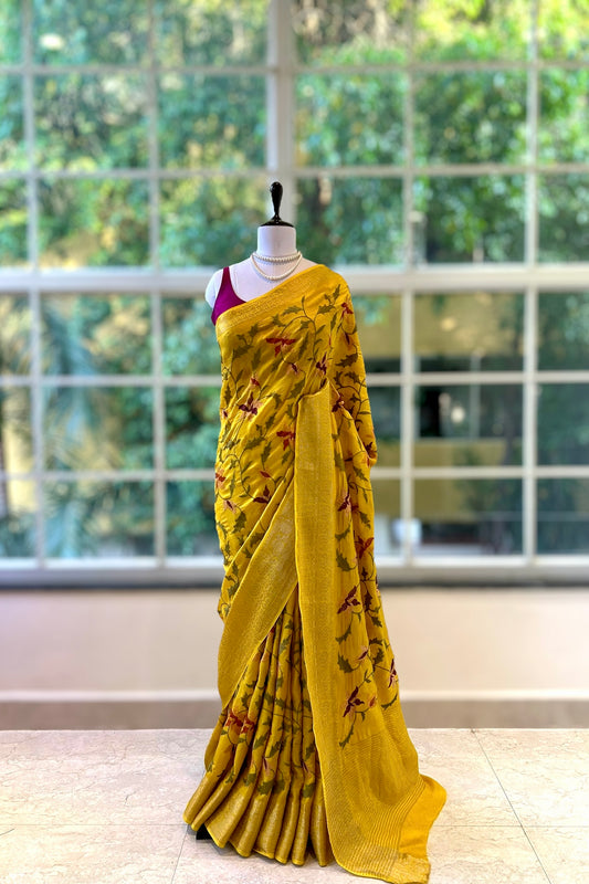 Resham embroidered saree - Yellow