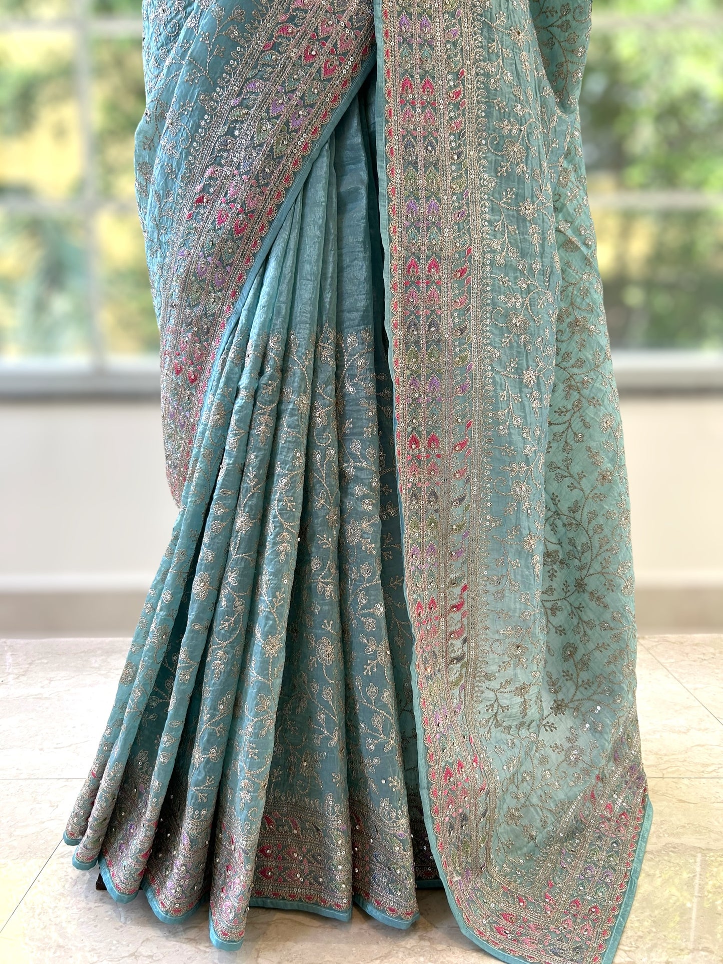 Soft organza work saree - Blue