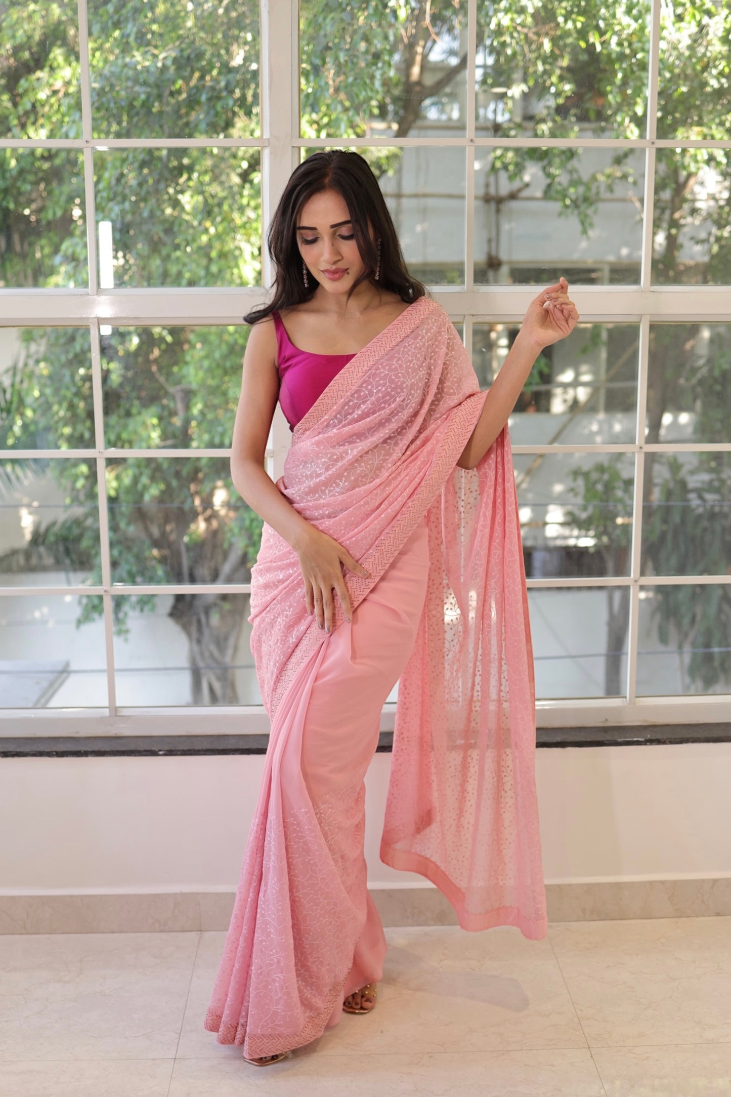 Pink georgette sequins embroidered saree