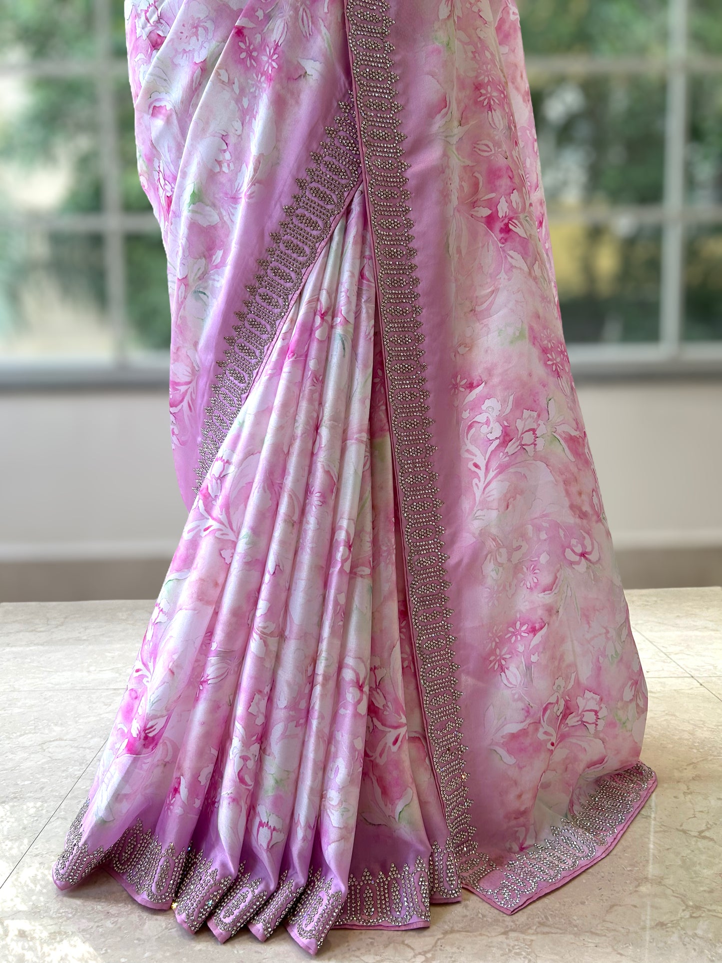 Floral print satin saree