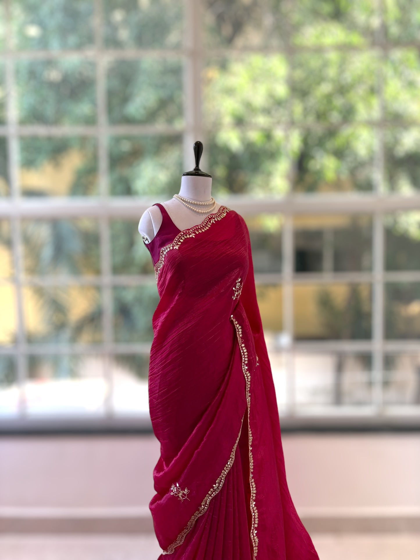 Mirror work crushed organza saree - Pink