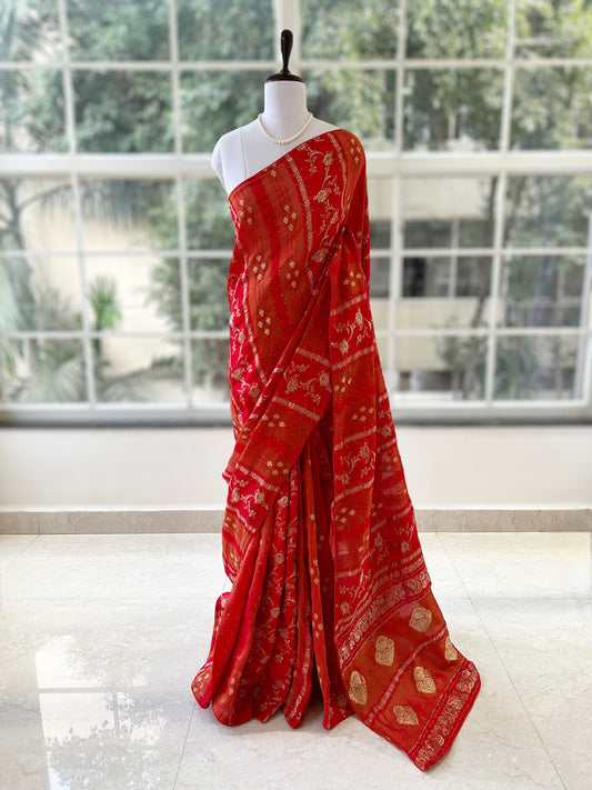 Red dola silk sequins saree