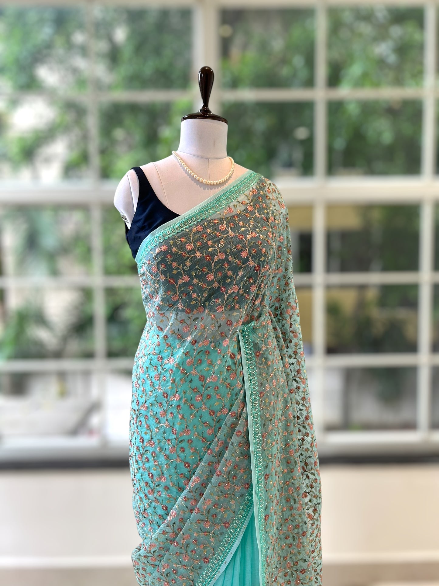 Floral embroidered chiffon saree - Blue