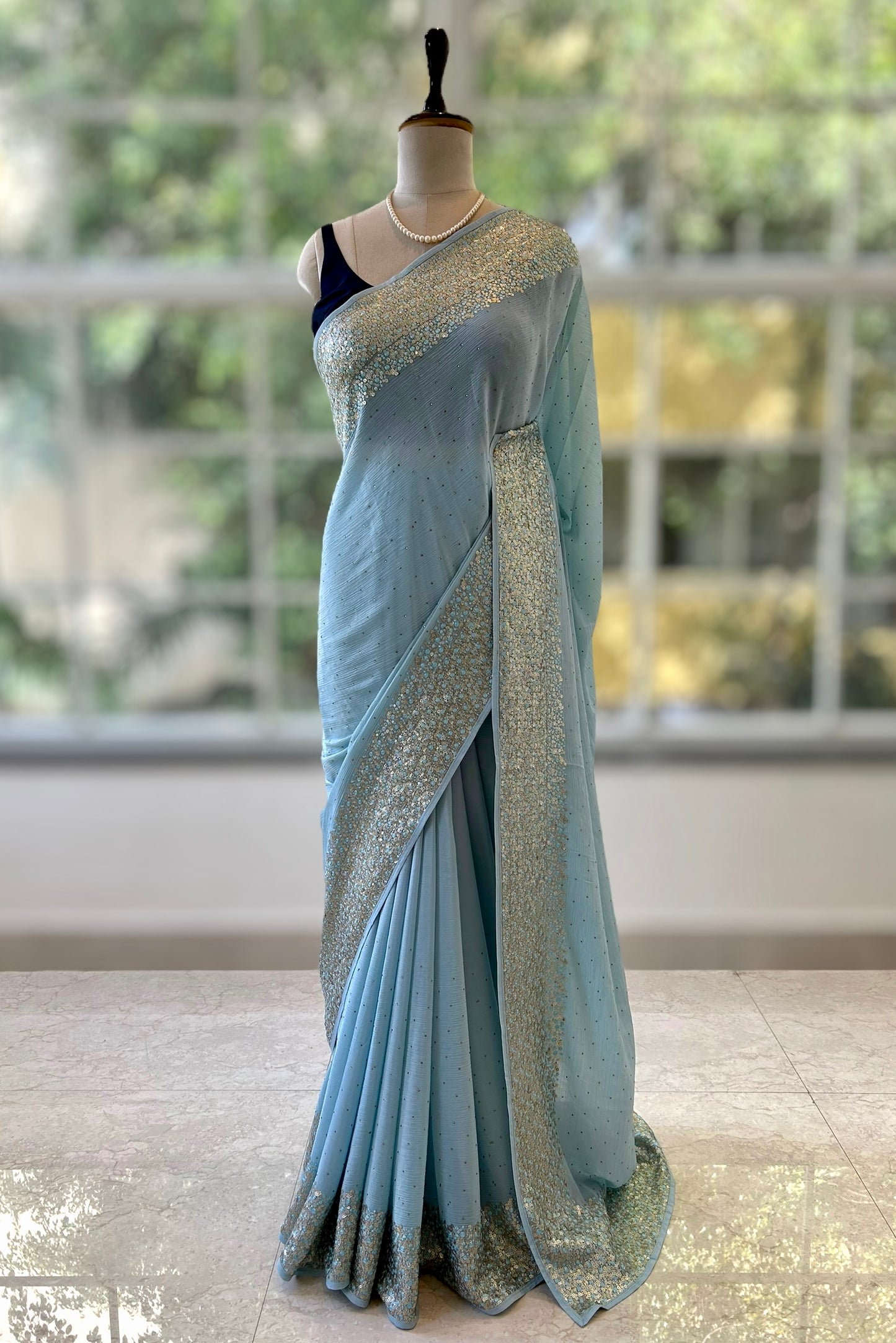 Chiffon sequins saree - Sky blue