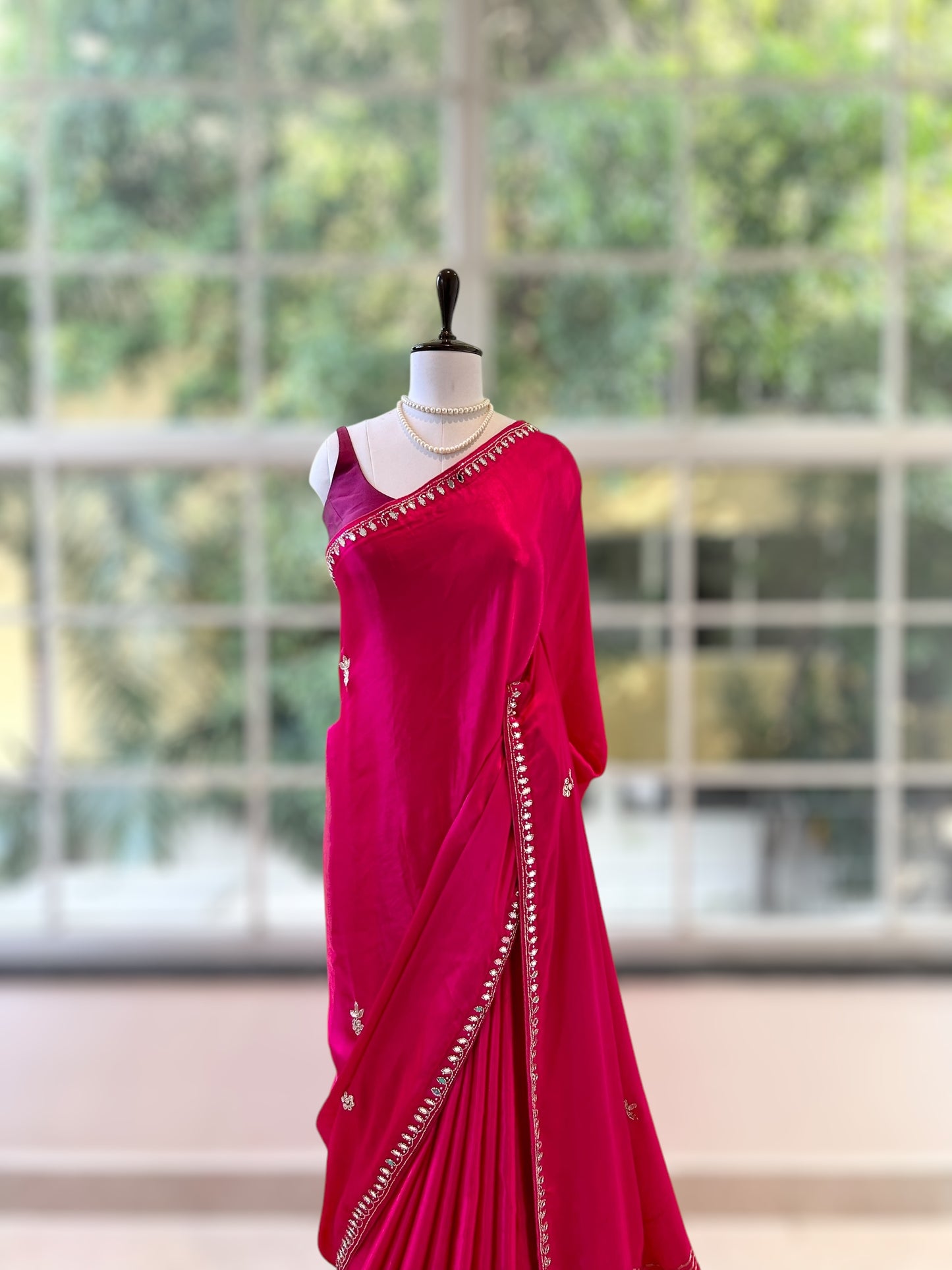 Modal satin mirror work saree - Pink