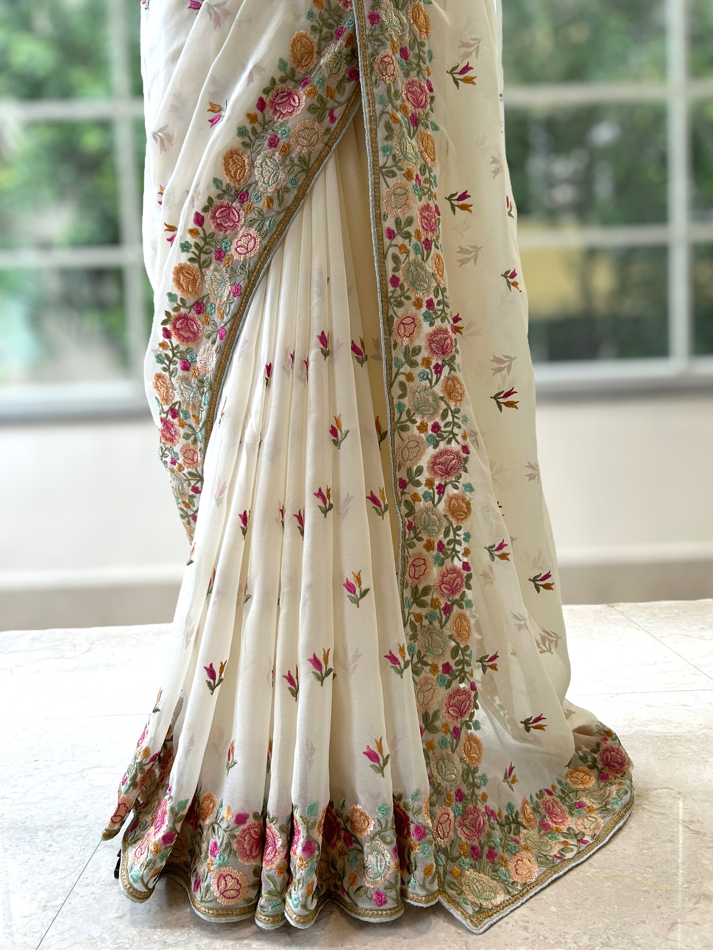 Georgette floral embroidered saree - White