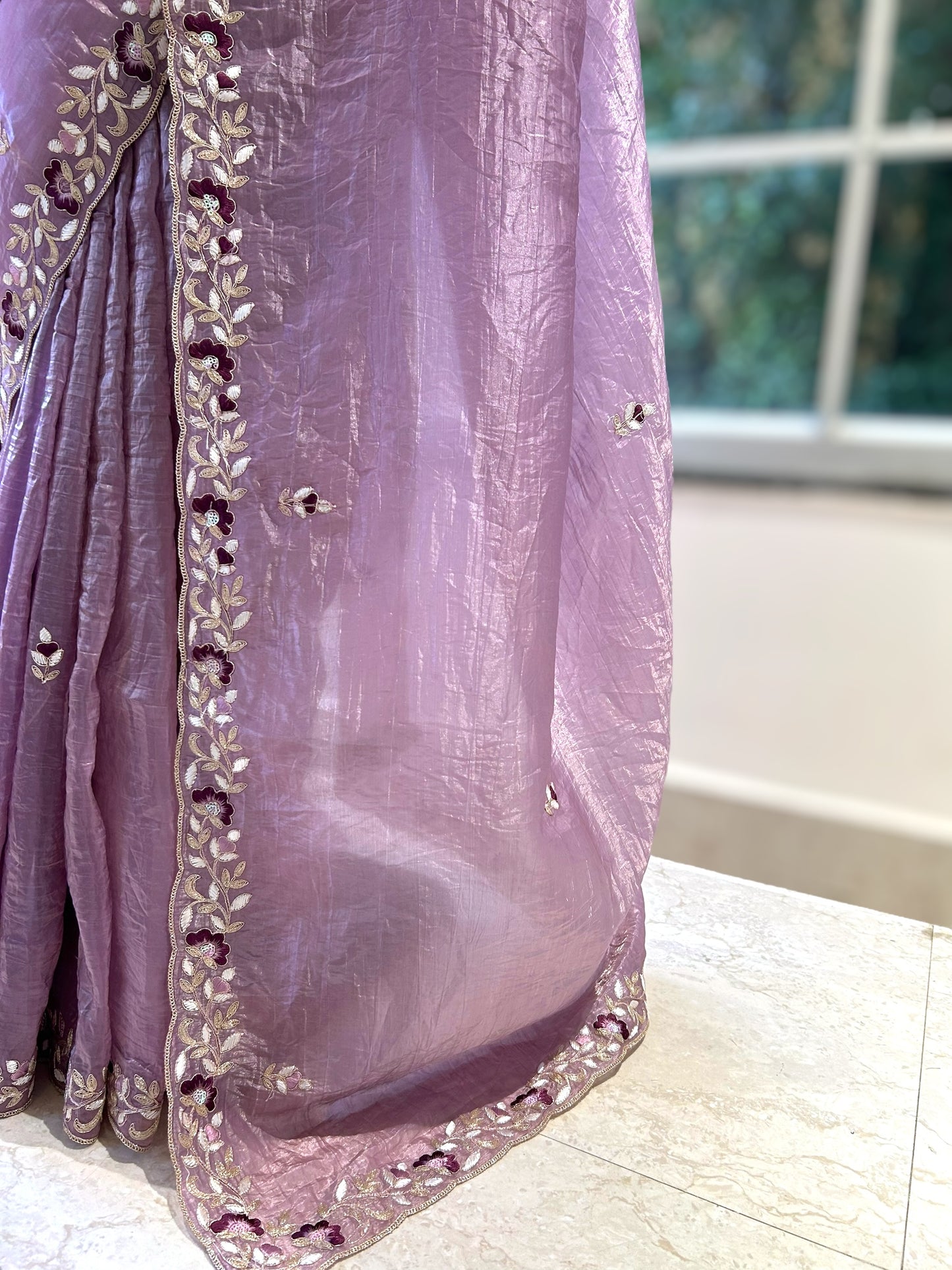 Embroidered crushed organza saree - Lilac