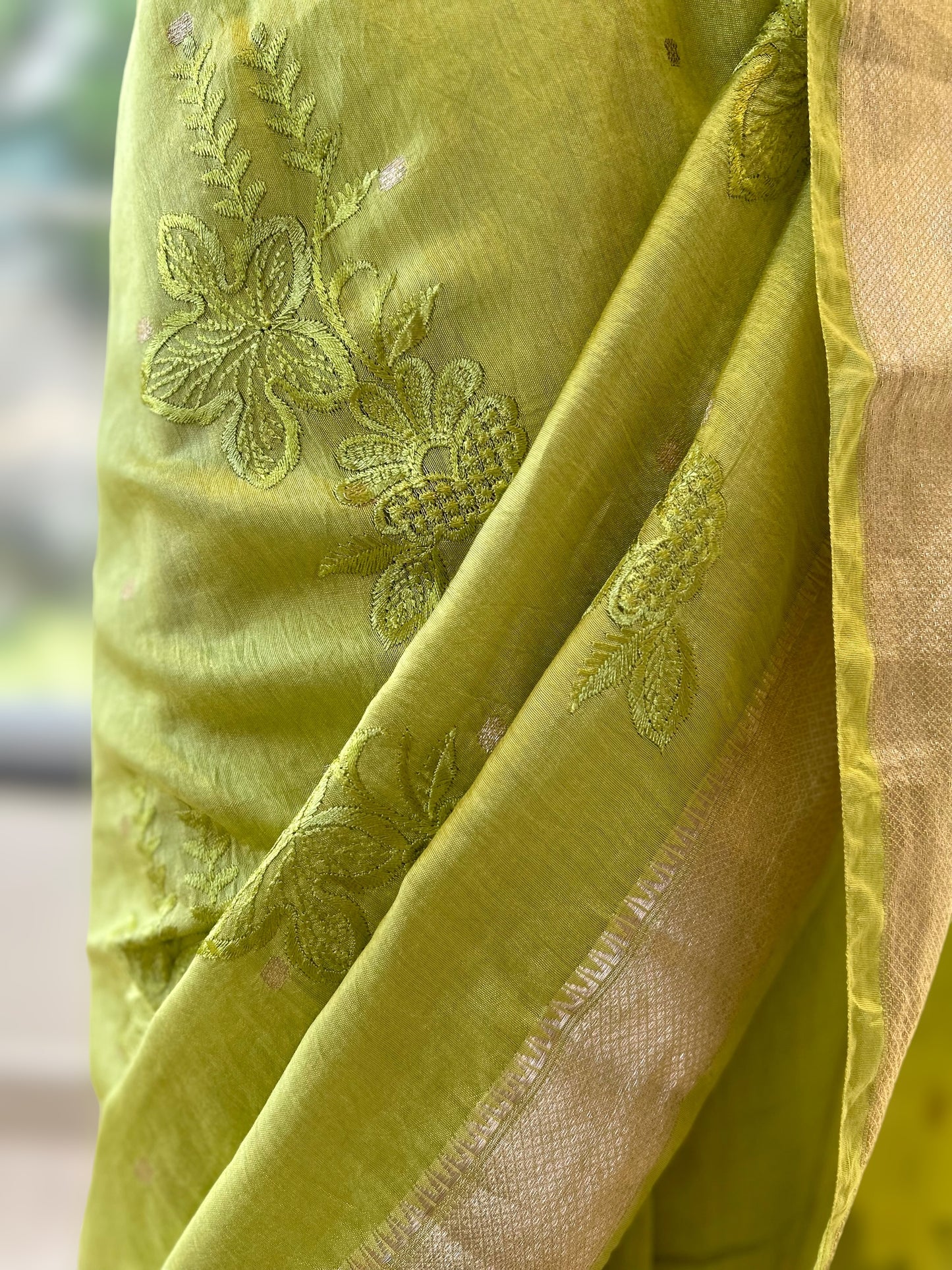 Parrot green pure soft chanderi cotton saree