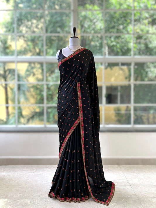 Soft satin embroidered saree - Black