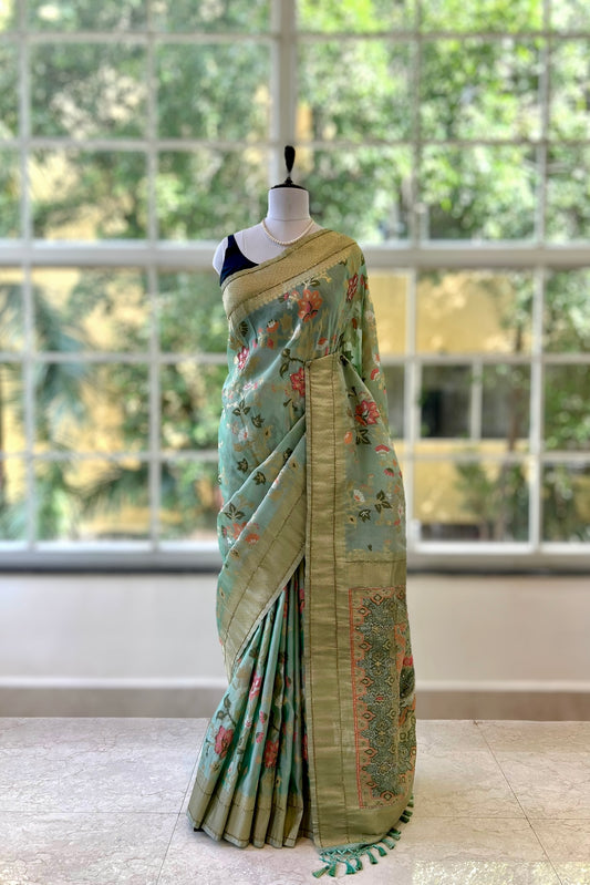 Handwork pure silk saree - Turquoise blue