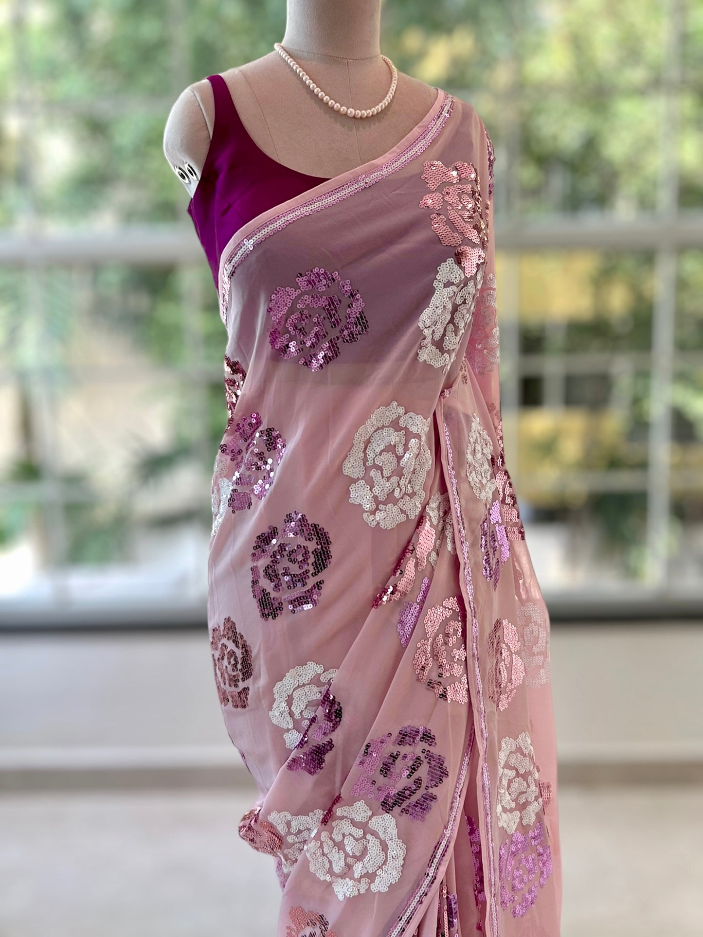 Rose sequins georgette saree - Baby pink