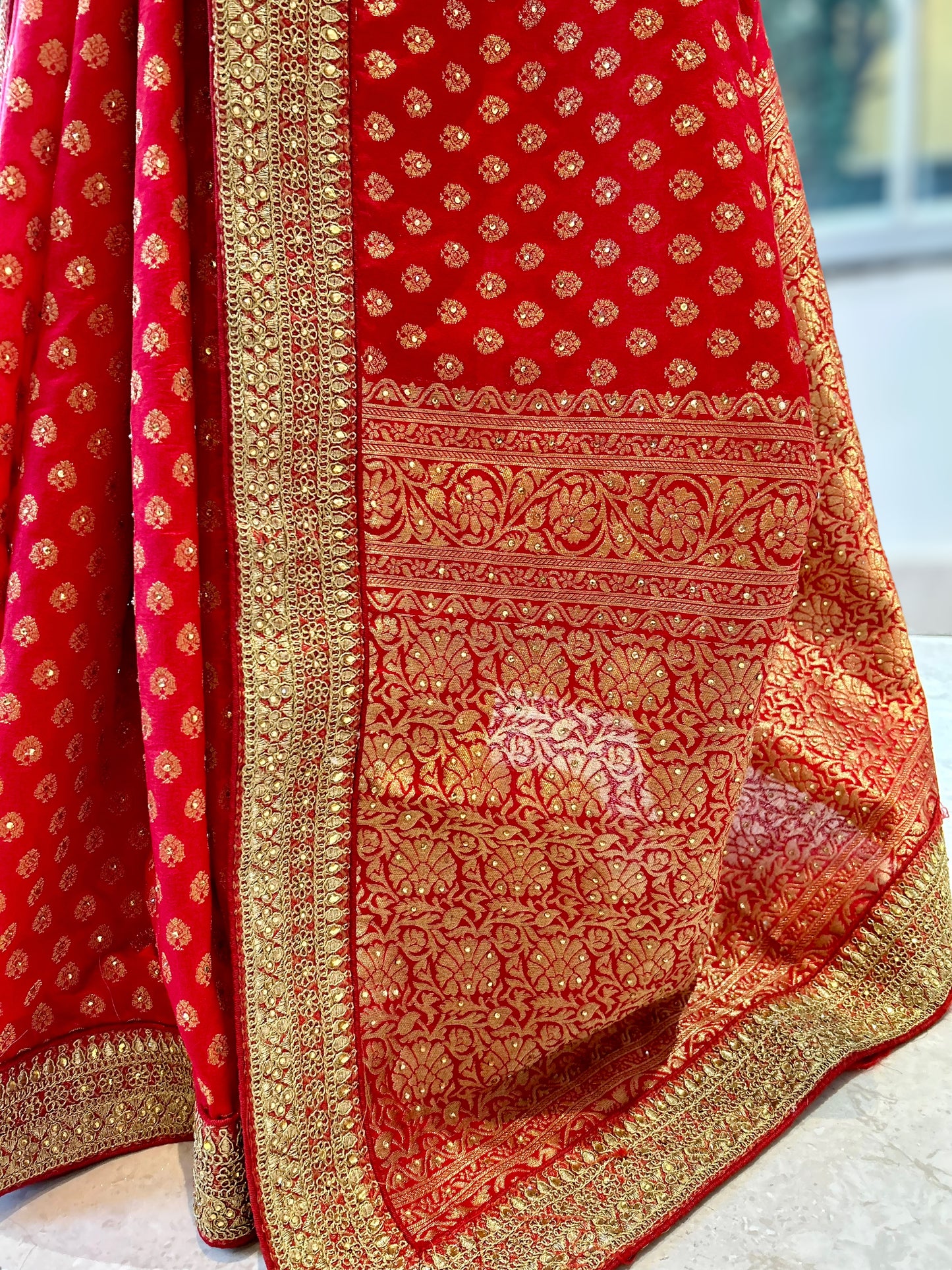 Red cotton silk buti saree