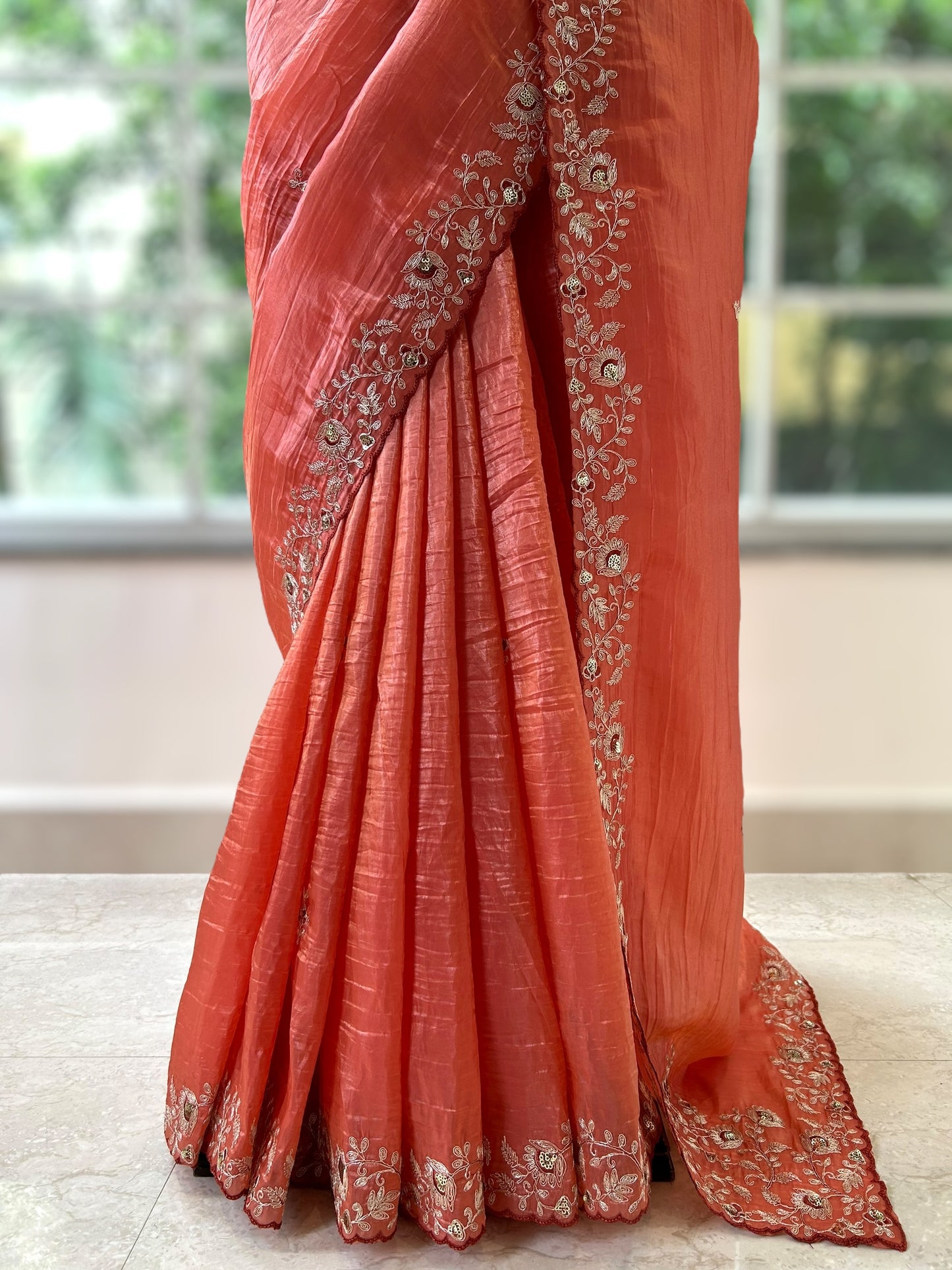 Aariwork crushed organza saree - Orange