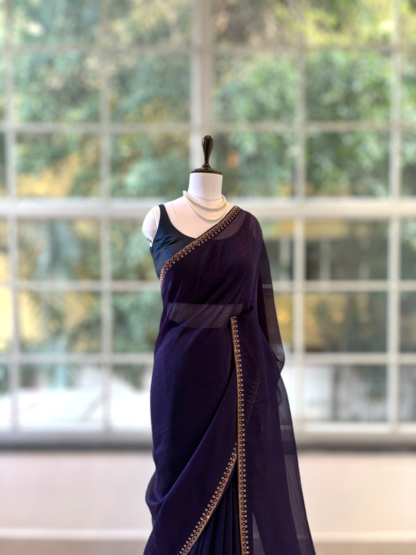 Swarovski embellished chiffon saree - Violet