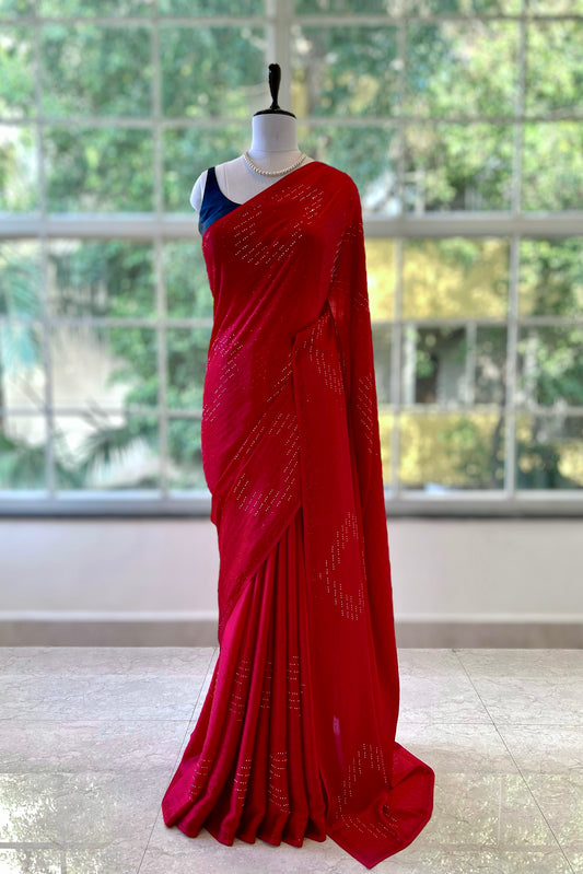 Swarovski satin saree - Cherry red