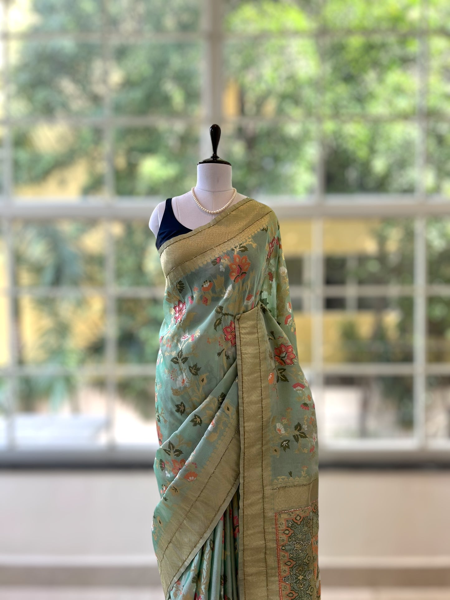 Handwork pure silk saree - Turquoise blue