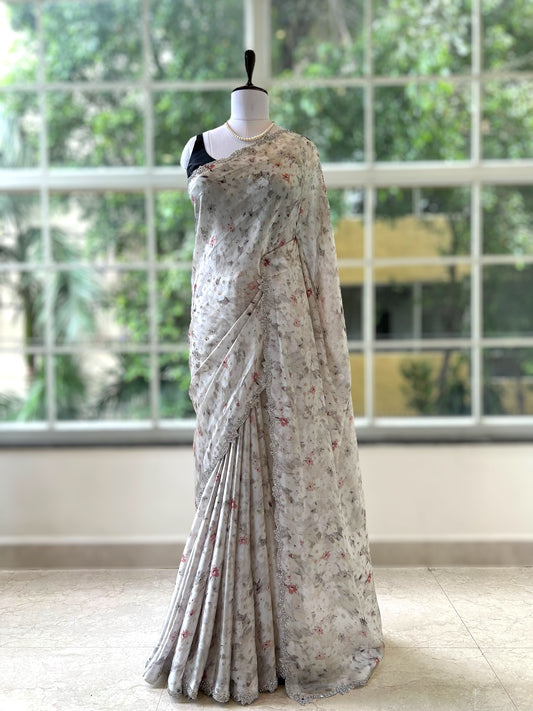 White floral satin saree