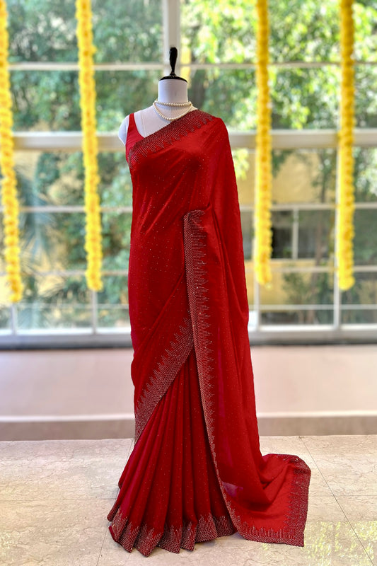 Red shimmer organza embellished saree