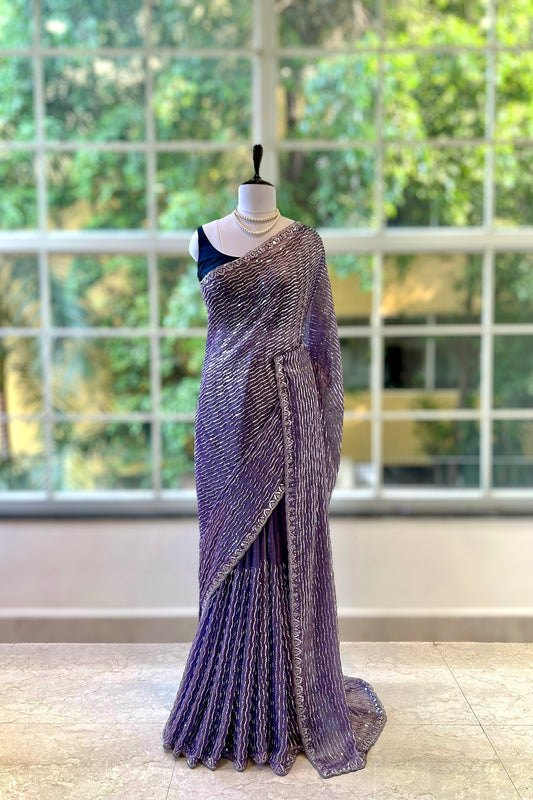 Shimmer chiffon embellished saree - Purple