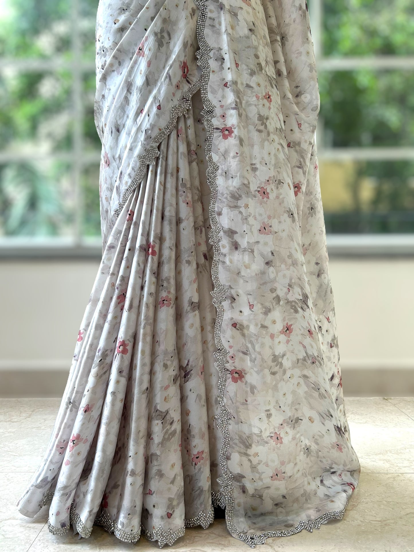 White floral satin saree